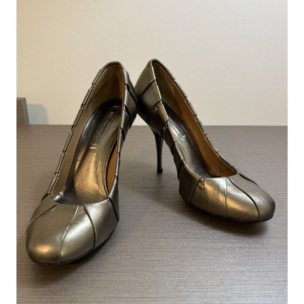 BCBG Max Azria Sz 7 B (EU37) Bronze Olive Metallic Leather Woven High Heels Pump